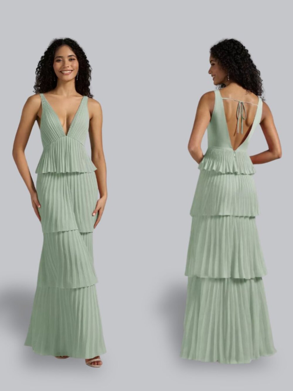 AW Bridal Asma Dress in Sage Green - Tiered Chiffon V-Neck Maxi Dress